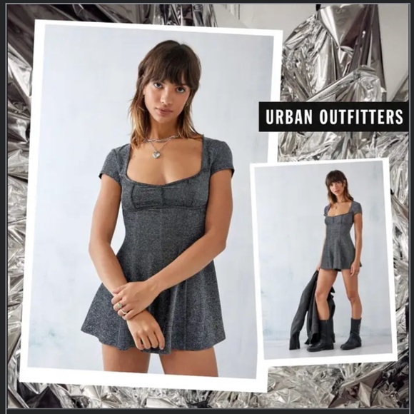 Urban Outfitters Dresses & Skirts - UO Metallic Disco Party Shimmer Mini Romper Silver Dress XS Tie Sparkle